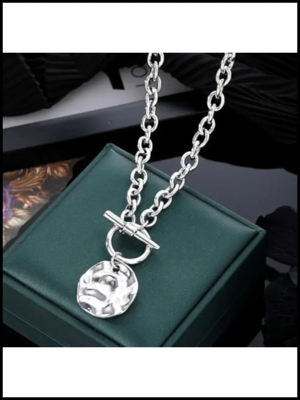 Silver Coin Pendant Necklace, Chunky Chain Statement Medallion Choker for Women